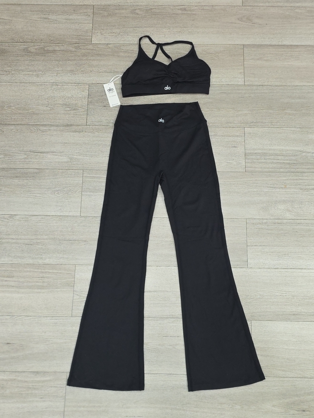 ALO Yoga Black Boot-Cut Flare Leggings with Strappy Bra